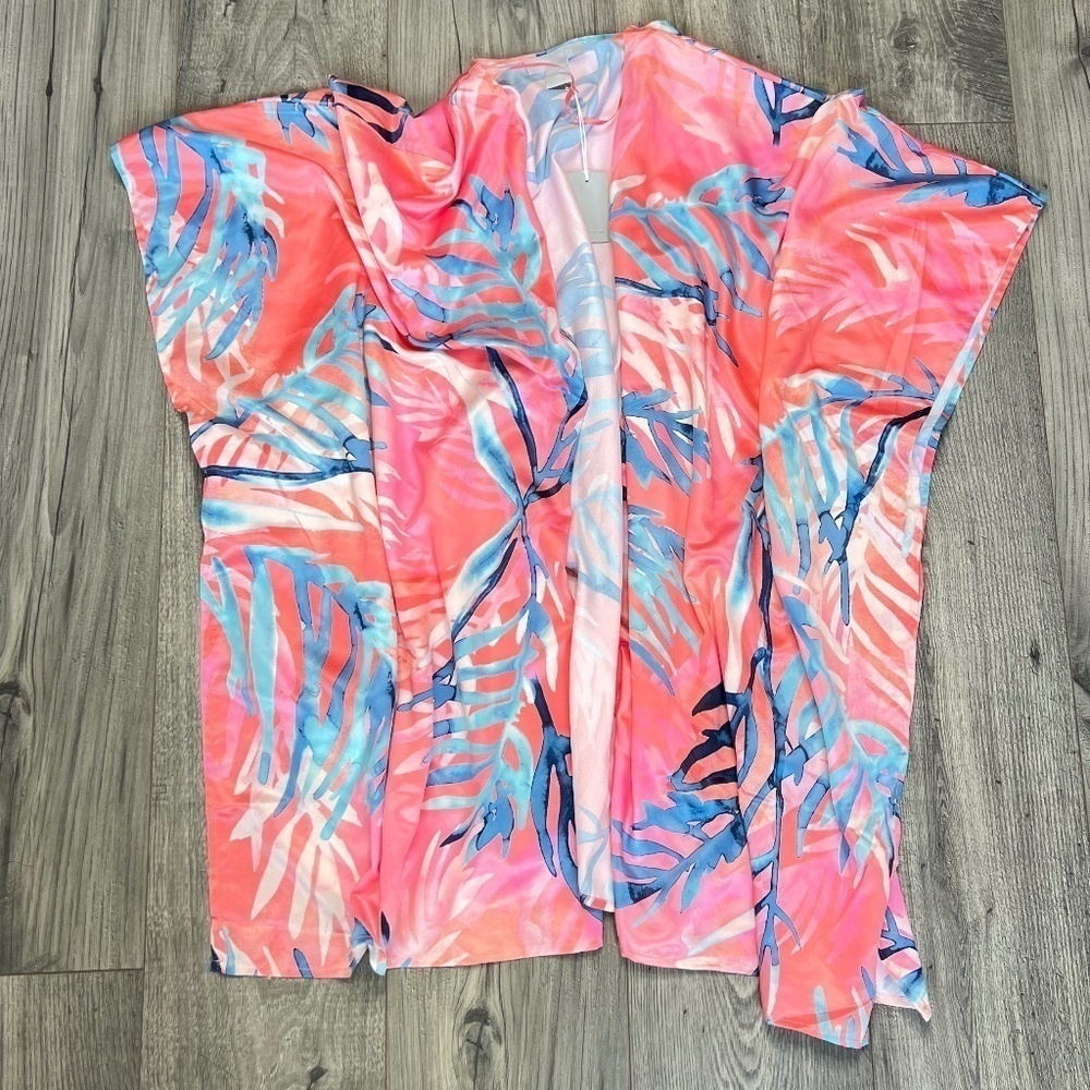 Nordstrom NWT Print Ruana Kimono Duster Swim Cover Up One Size Coral Summer - Picture 2 of 11